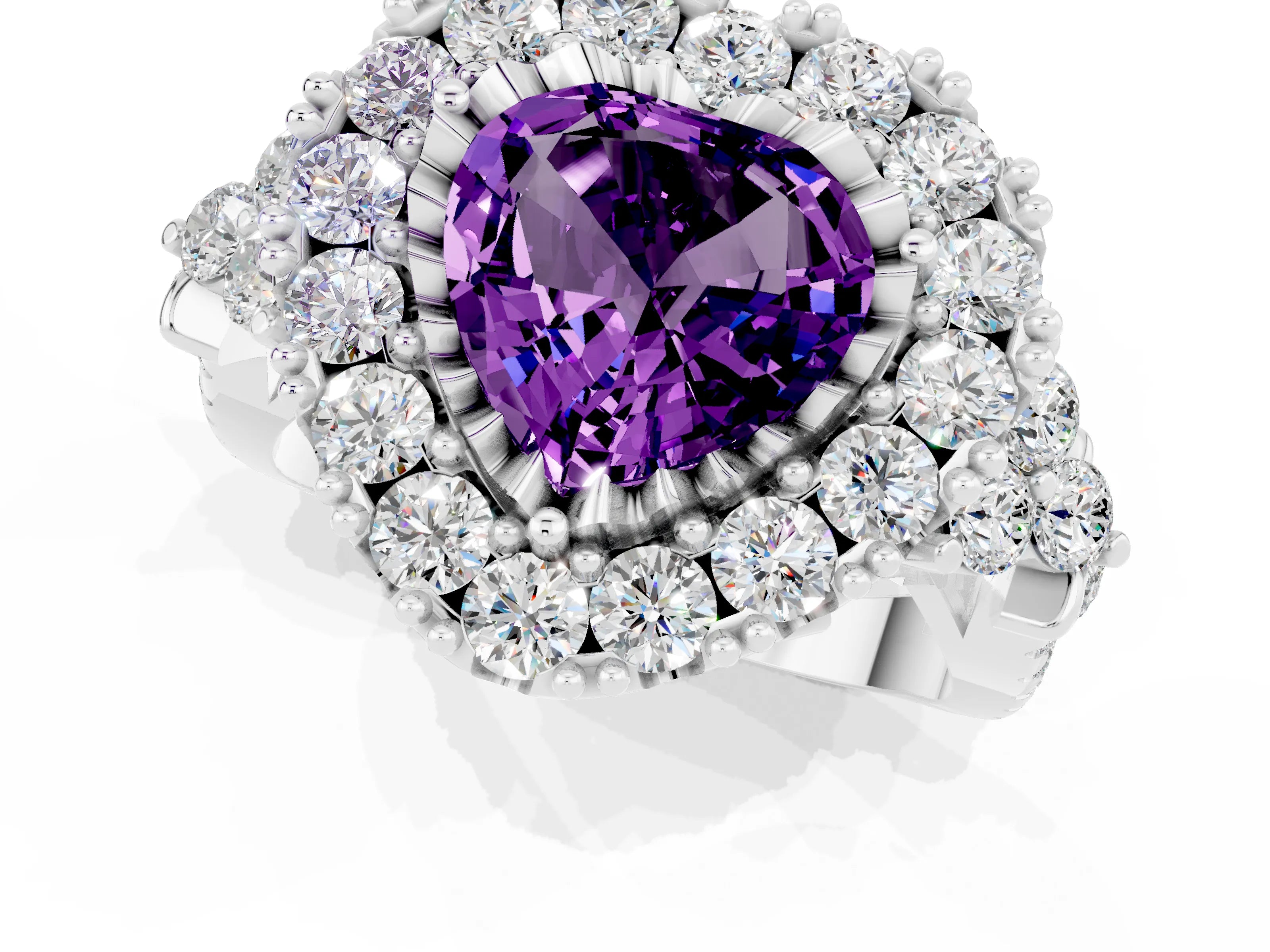 White gold Heart Cut Amethyst Halo Ring with Pavé Band and Four-Prong Setting_13