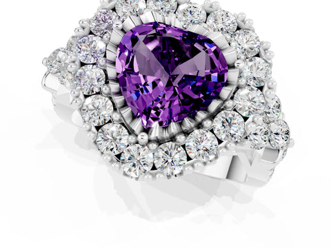 White gold Heart Cut Amethyst Halo Ring with Pavé Band and Four-Prong Setting_13