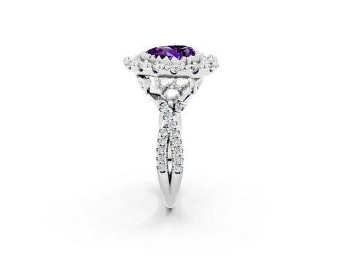 White gold Heart Cut Amethyst Halo Ring with Pavé Band and Four-Prong Setting_14