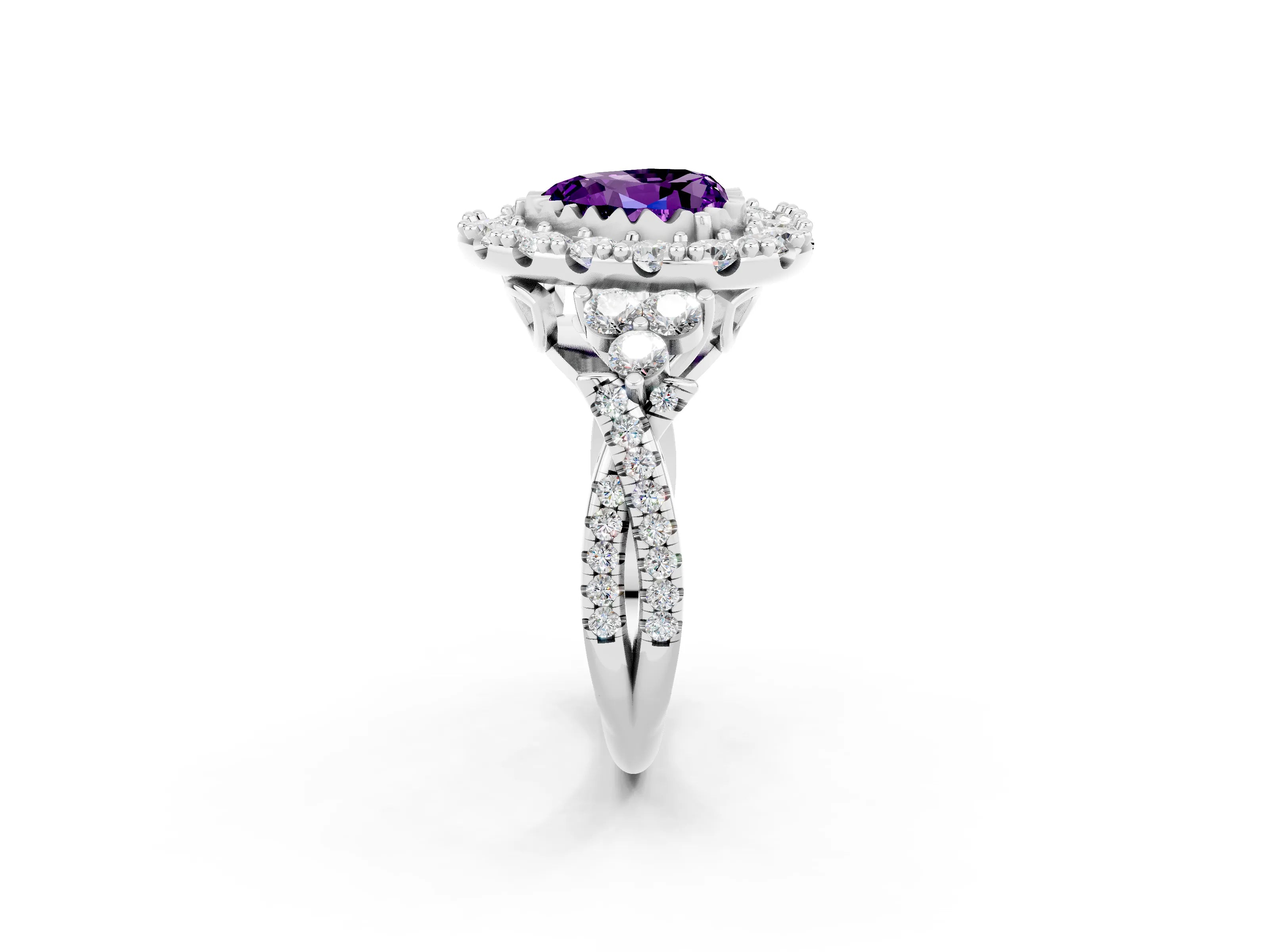 White gold Heart Cut Amethyst Halo Ring with Pavé Band and Four-Prong Setting_14