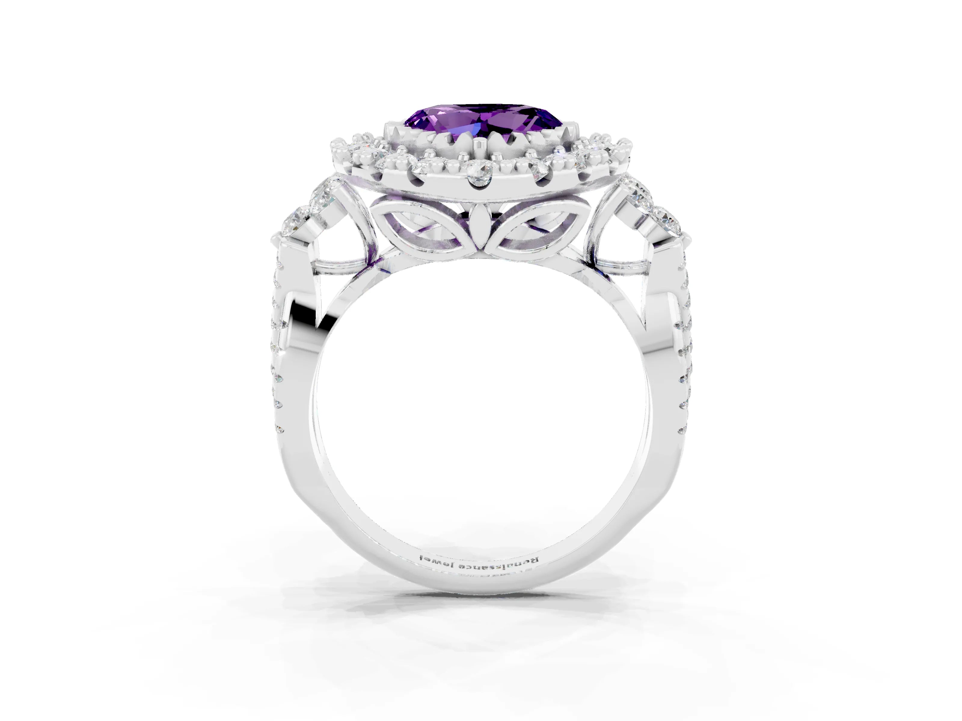 White gold Heart Cut Amethyst Halo Ring with Pavé Band and Four-Prong Setting_15