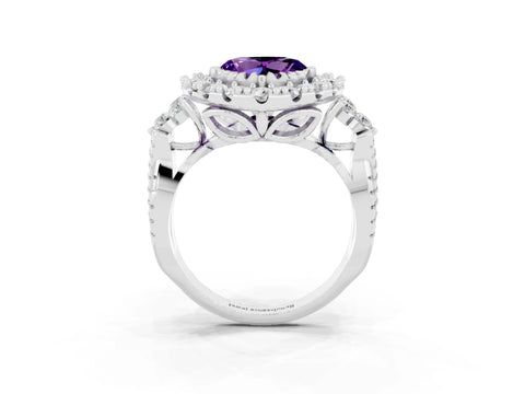 White gold Heart Cut Amethyst Halo Ring with Pavé Band and Four-Prong Setting_15