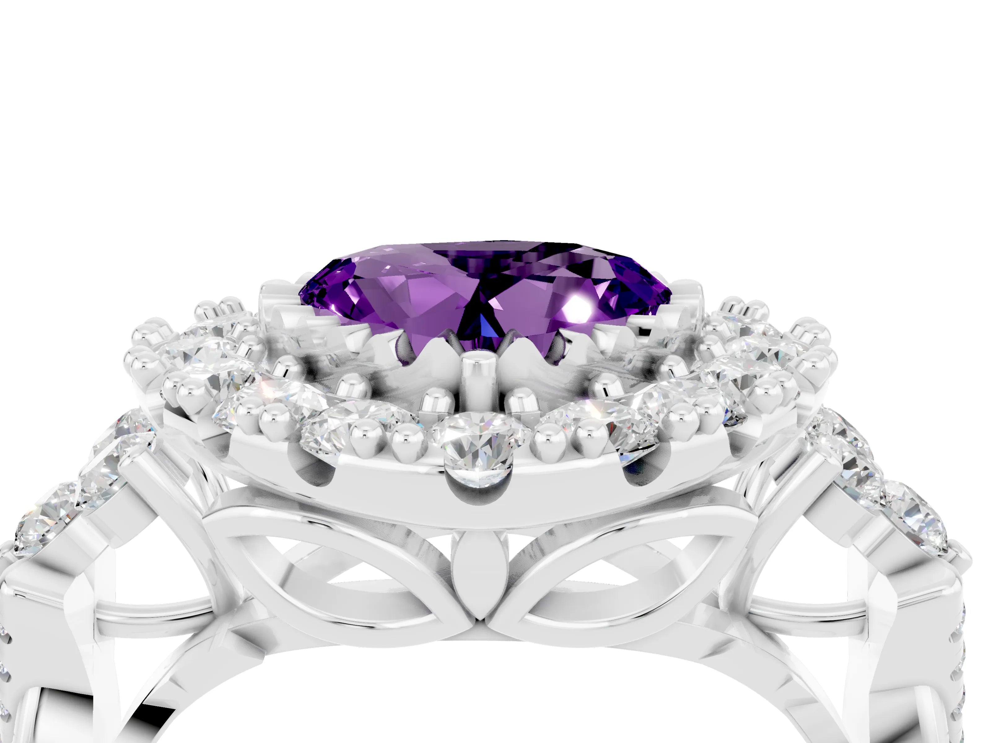 White gold Heart Cut Amethyst Halo Ring with Pavé Band and Four-Prong Setting_16