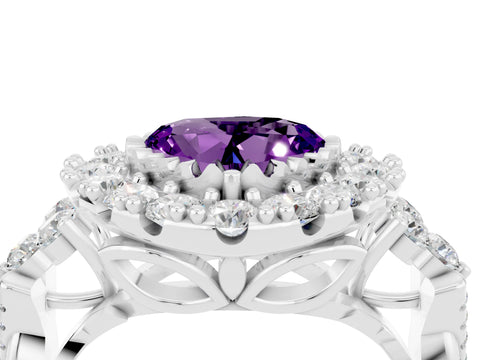 White gold Heart Cut Amethyst Halo Ring with Pavé Band and Four-Prong Setting_16