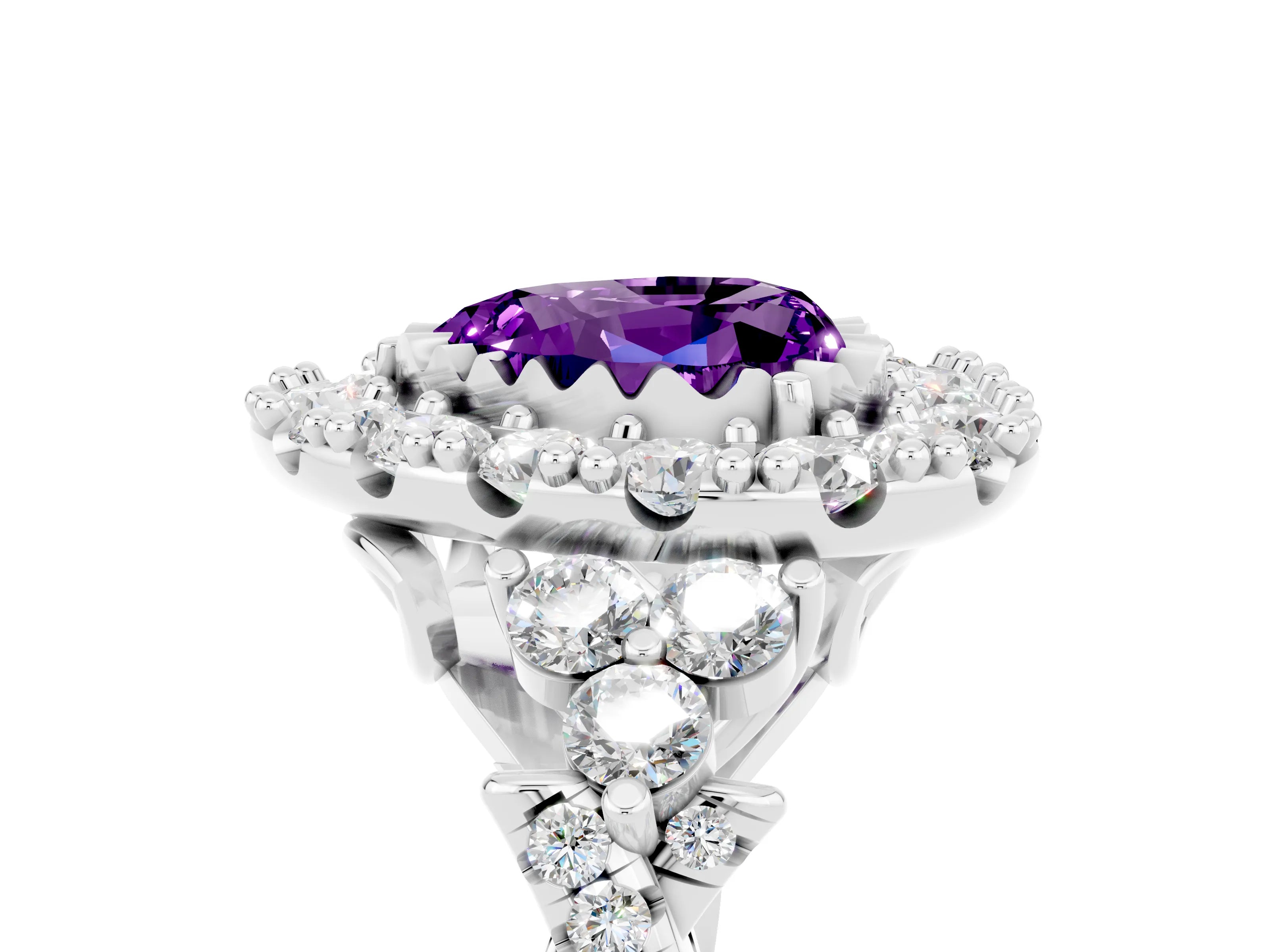 White gold Heart Cut Amethyst Halo Ring with Pavé Band and Four-Prong Setting_17
