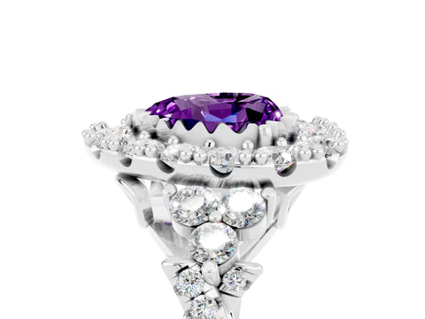 White gold Heart Cut Amethyst Halo Ring with Pavé Band and Four-Prong Setting_17