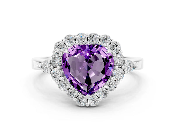 Platinum Heart Cut Amethyst Halo Ring with Pear Side Stones and Prong Setting