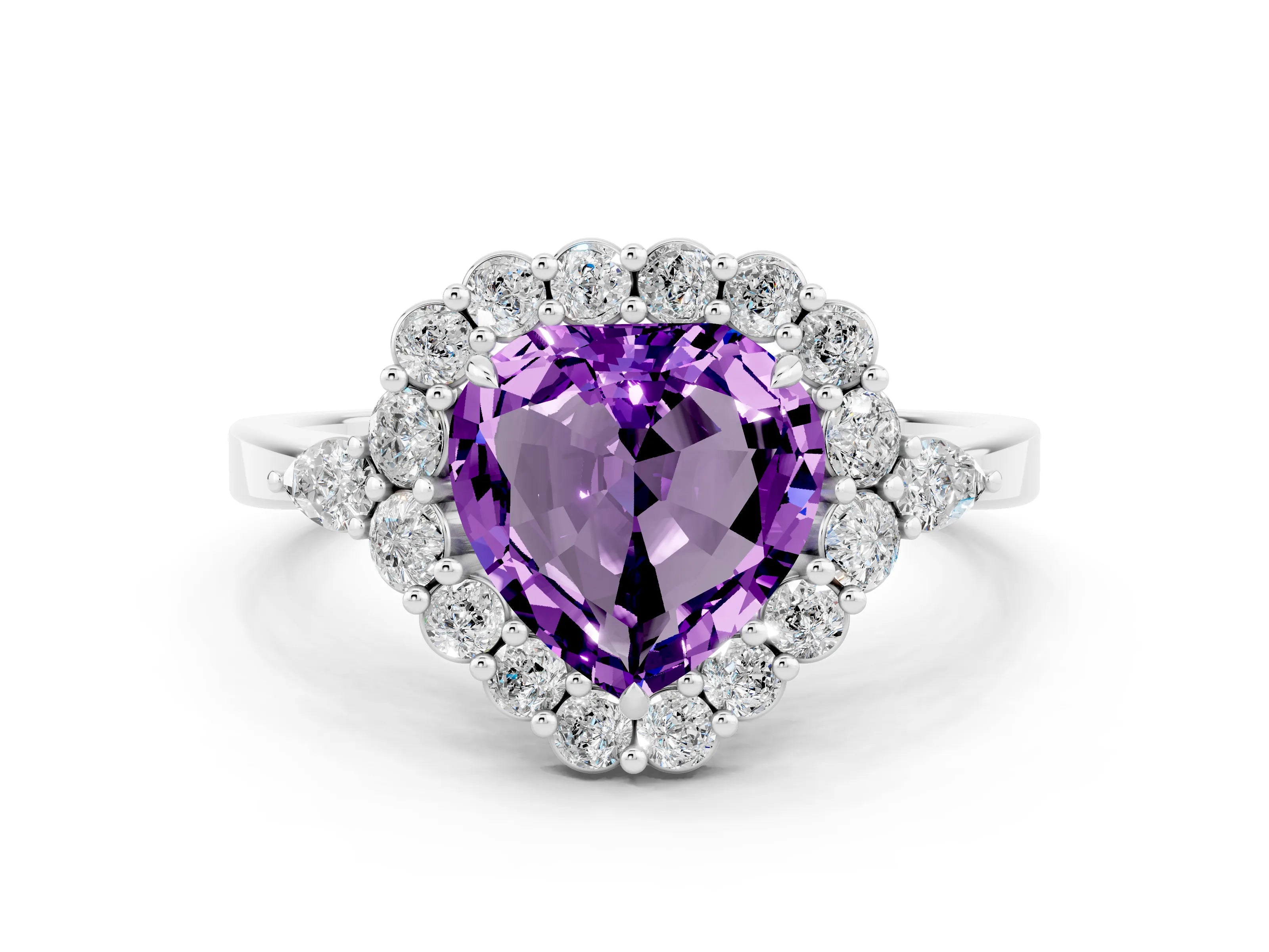 White gold Heart Cut Amethyst Halo Ring with Pear Side Stones and Prong Setting_24