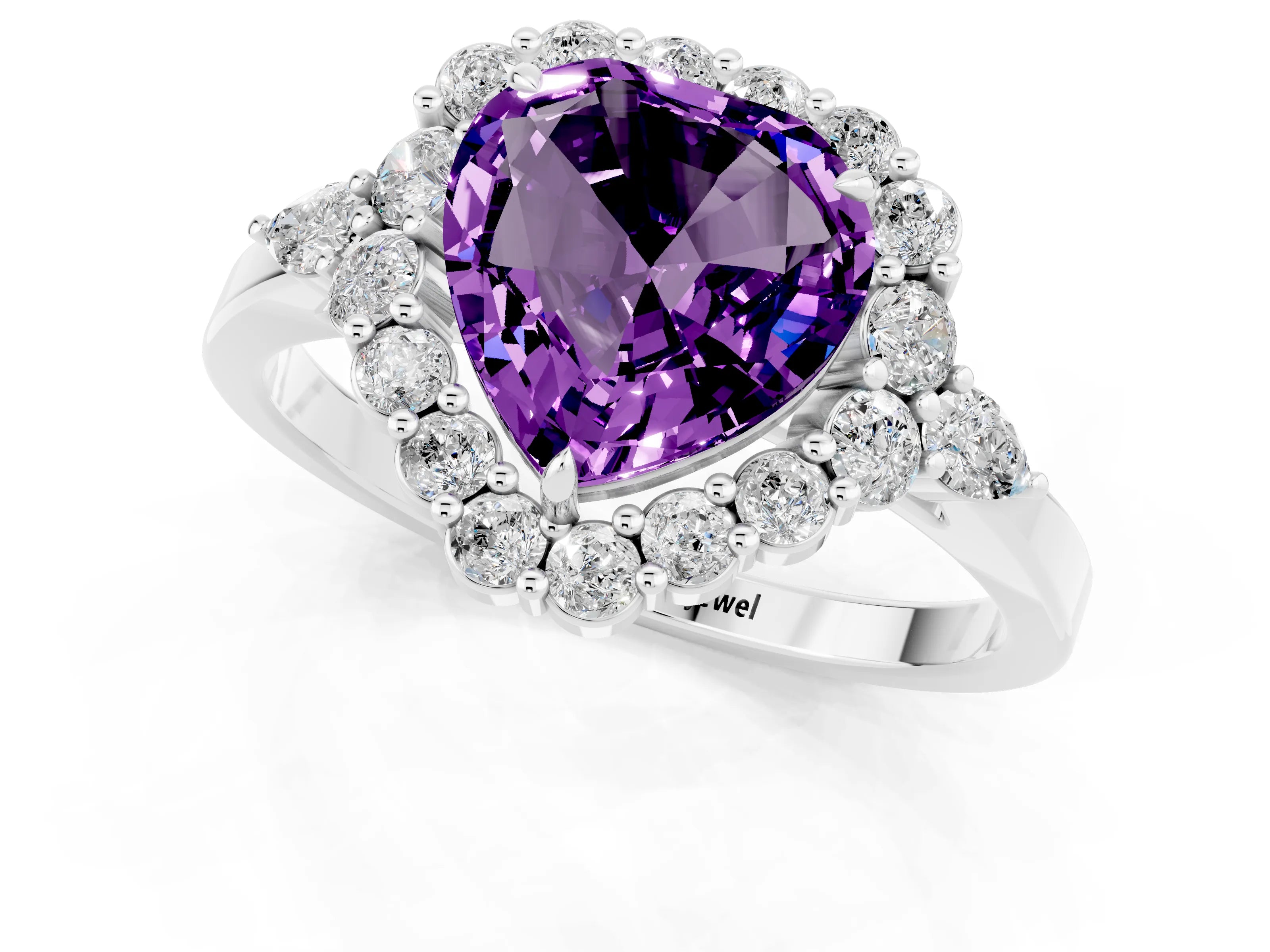 White gold Heart Cut Amethyst Halo Ring with Pear Side Stones and Prong Setting_25