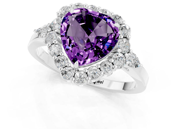 Platinum Heart Cut Amethyst Halo Ring with Pear Side Stones and Prong Setting