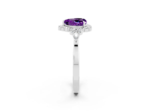 Platinum Heart Cut Amethyst Halo Ring with Pear Side Stones and Prong Setting
