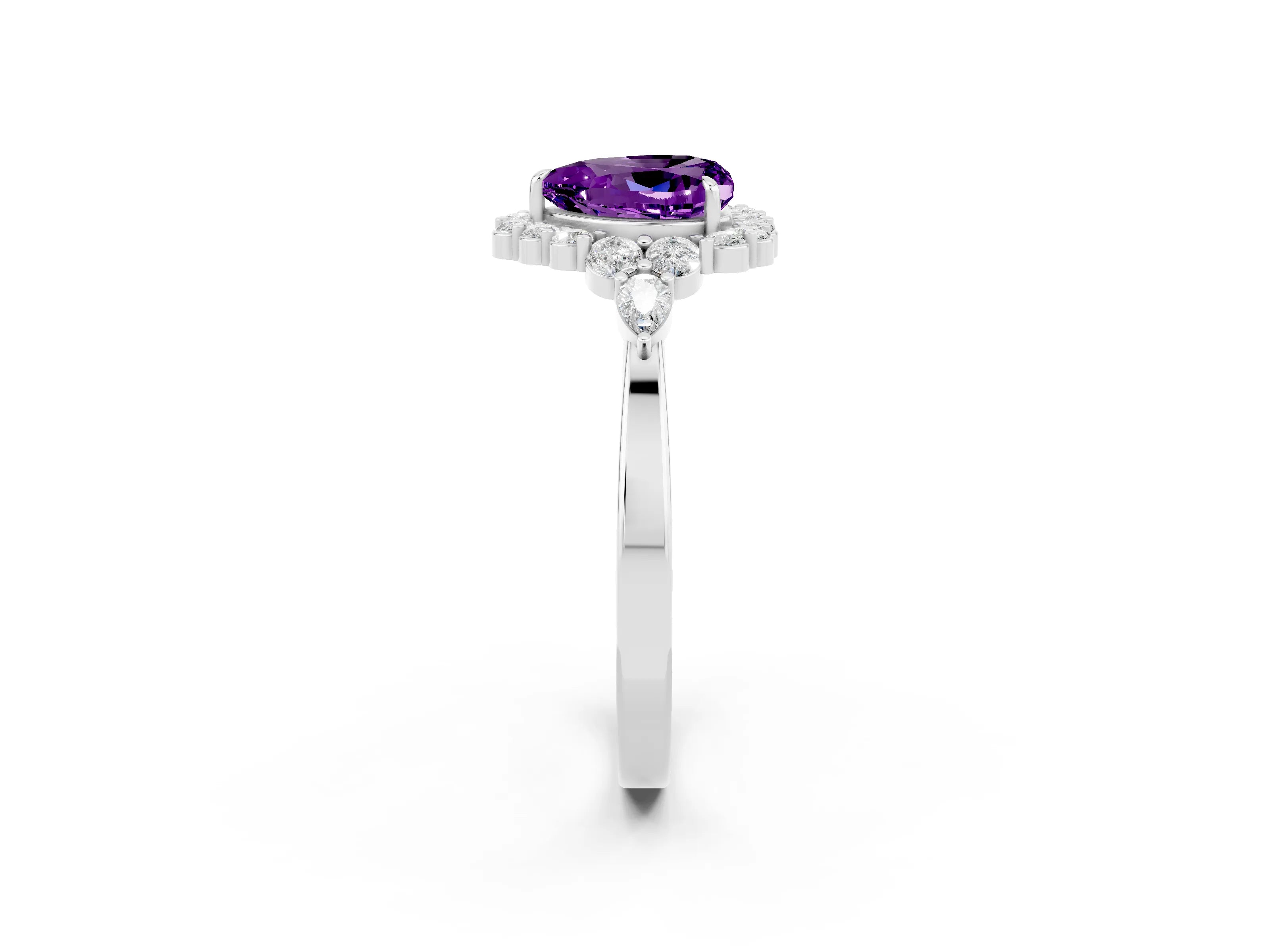 White gold Heart Cut Amethyst Halo Ring with Pear Side Stones and Prong Setting_26