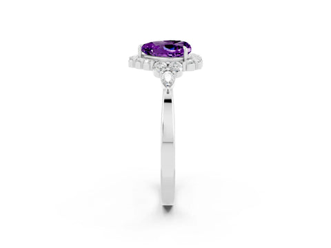 White gold Heart Cut Amethyst Halo Ring with Pear Side Stones and Prong Setting_26