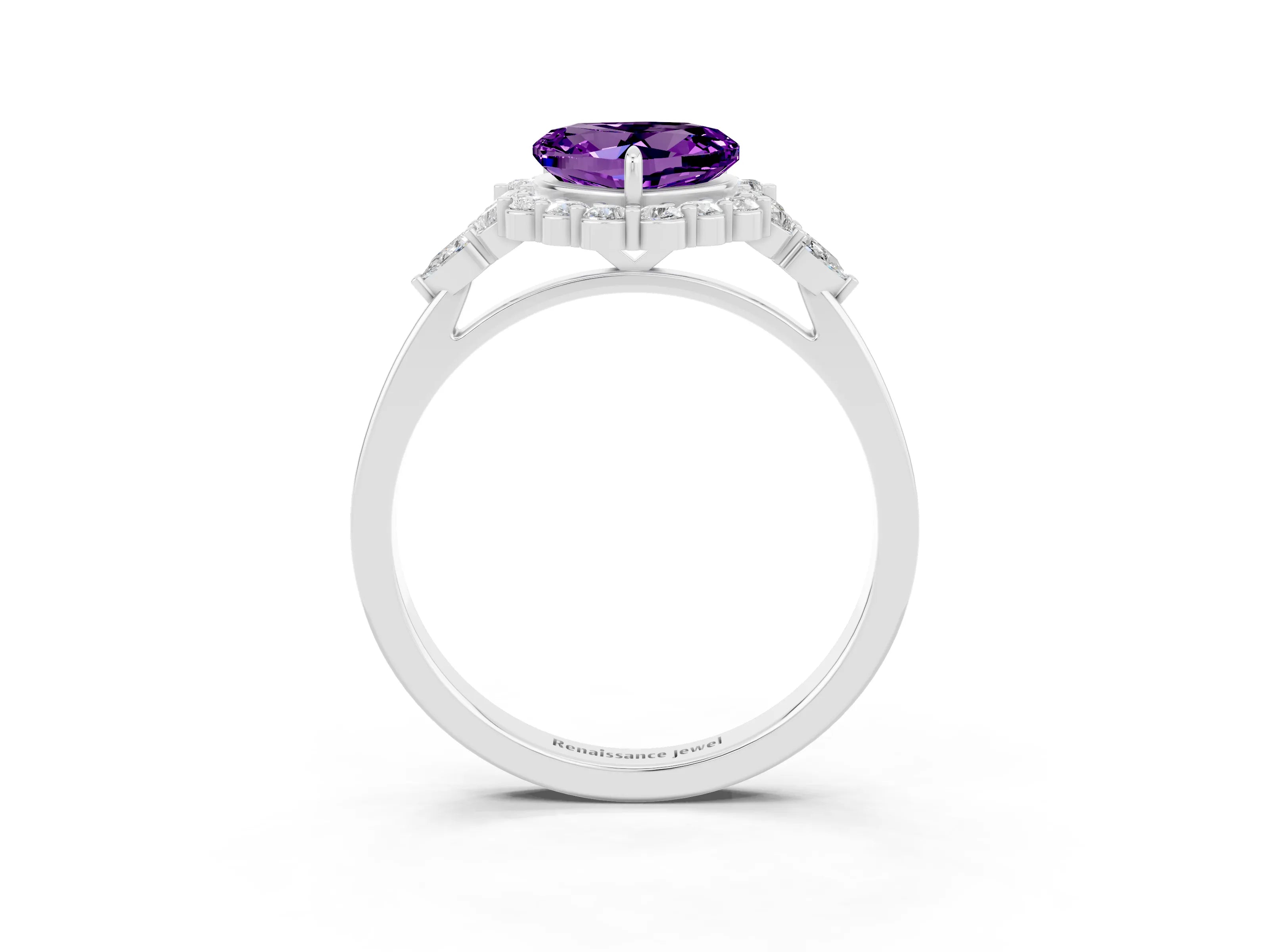 White gold Heart Cut Amethyst Halo Ring with Pear Side Stones and Prong Setting_27