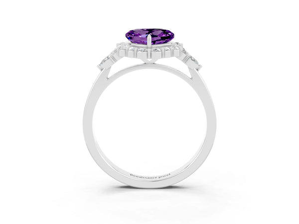 White gold Heart Cut Amethyst Halo Ring with Pear Side Stones and Prong Setting