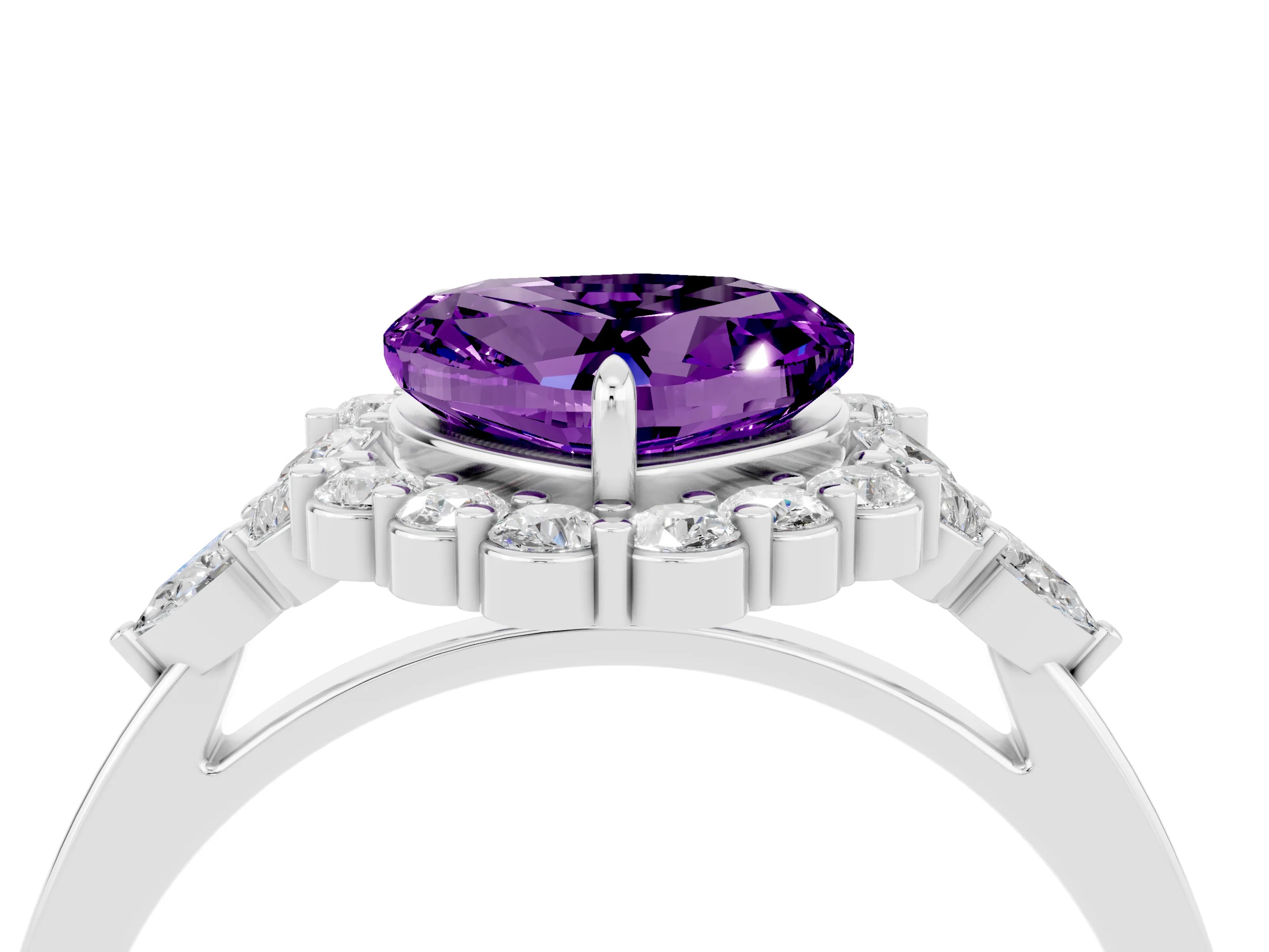 White gold Heart Cut Amethyst Halo Ring with Pear Side Stones and Prong Setting_28