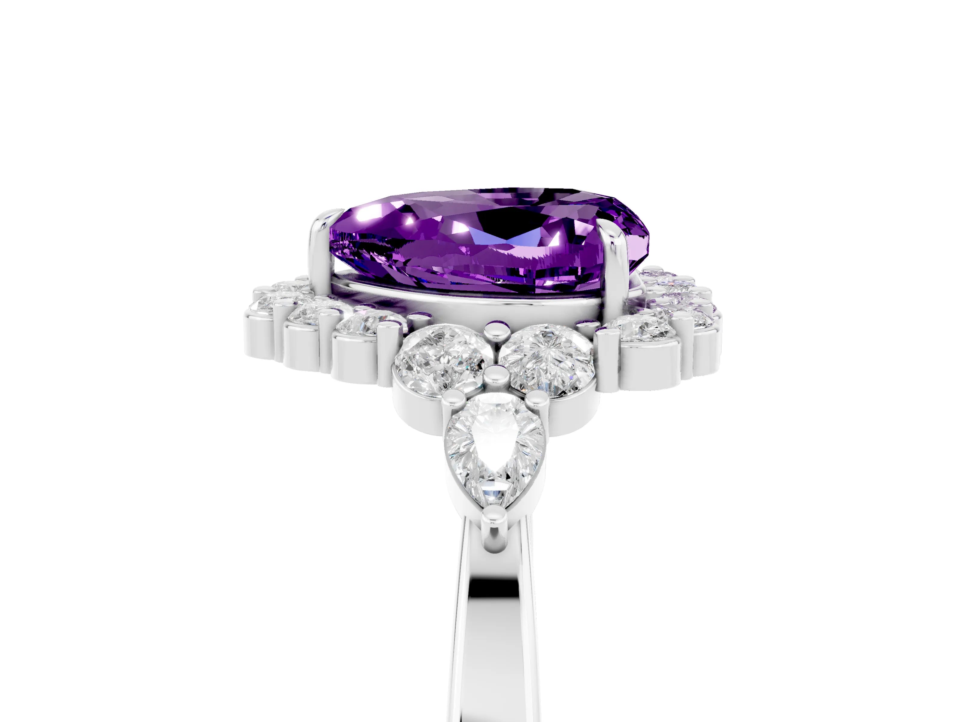 White gold Heart Cut Amethyst Halo Ring with Pear Side Stones and Prong Setting_29