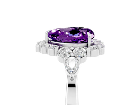 White gold Heart Cut Amethyst Halo Ring with Pear Side Stones and Prong Setting_29