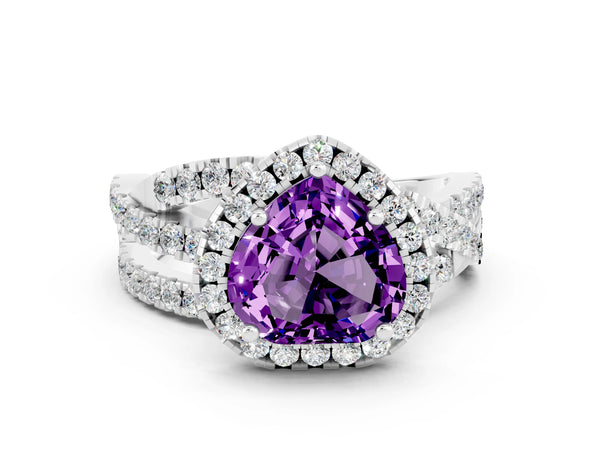 Platinum Heart Cut Amethyst Halo Ring with Round Split Shank and Prong Setting