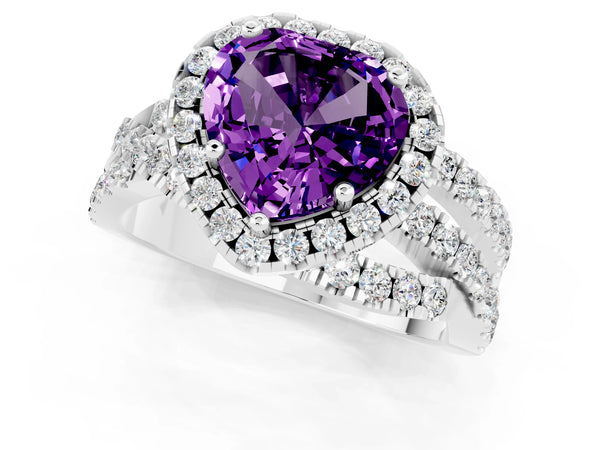 Platinum Heart Cut Amethyst Halo Ring with Round Split Shank and Prong Setting