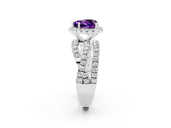 Platinum Heart Cut Amethyst Halo Ring with Round Split Shank and Prong Setting