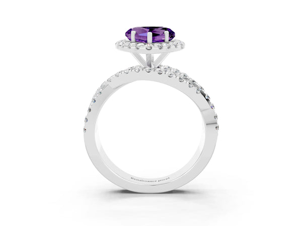 Silver Heart Cut Amethyst Halo Ring with Round Split Shank and Prong Setting