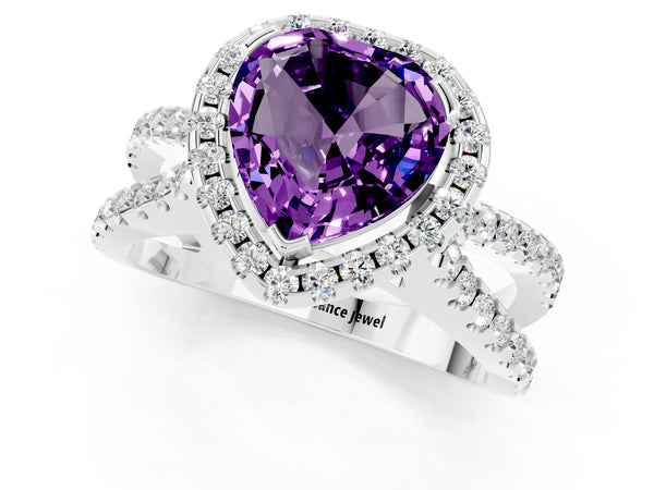 Platinum Heart Cut Amethyst Halo Ring with Split Shank Pavé Band and Prong Setting