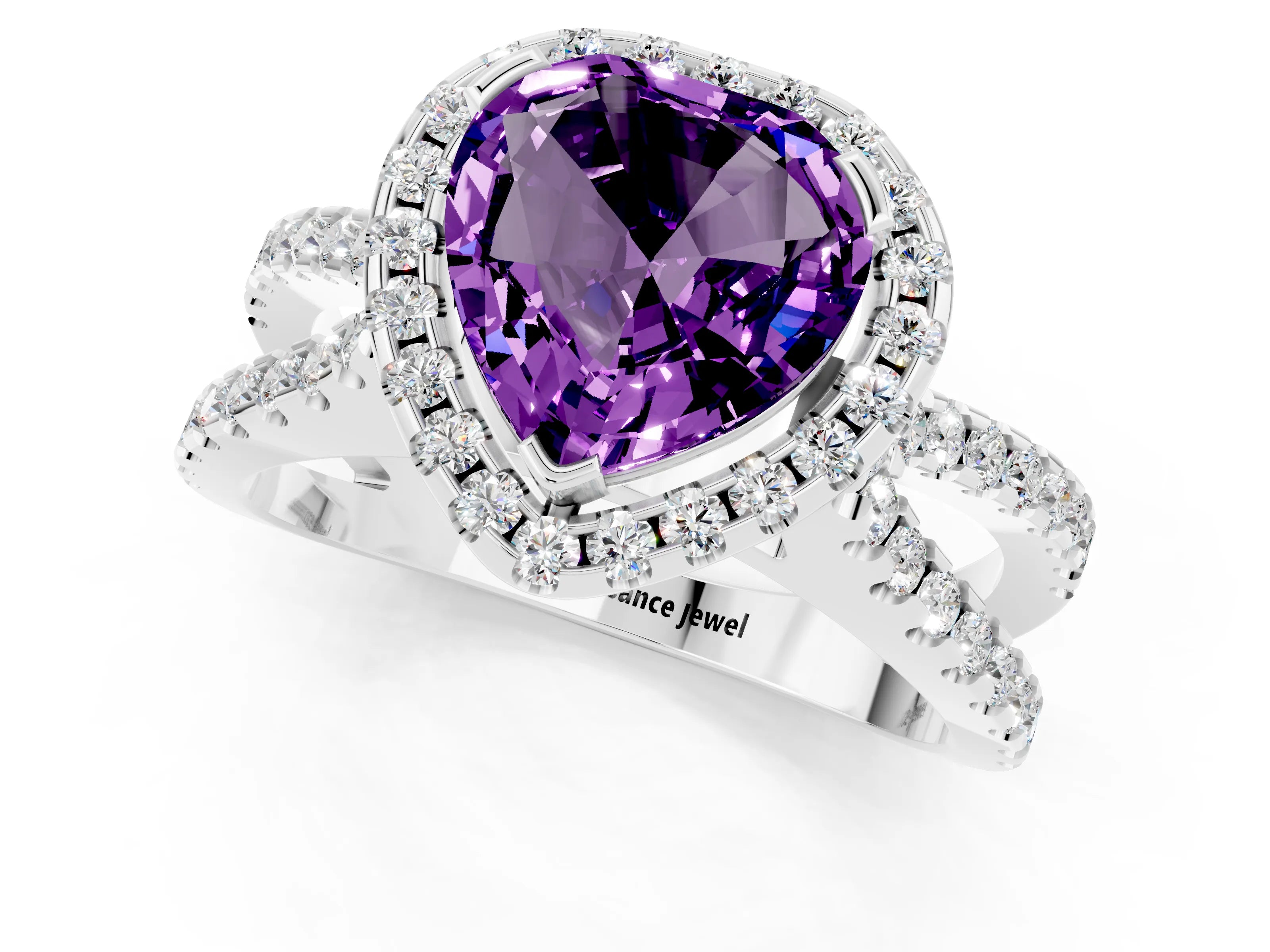 White gold Heart Cut Amethyst Halo Ring with Split Shank Pavé Band and Prong Setting_1