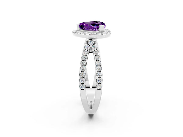 Platinum Heart Cut Amethyst Halo Ring with Split Shank Pavé Band and Prong Setting