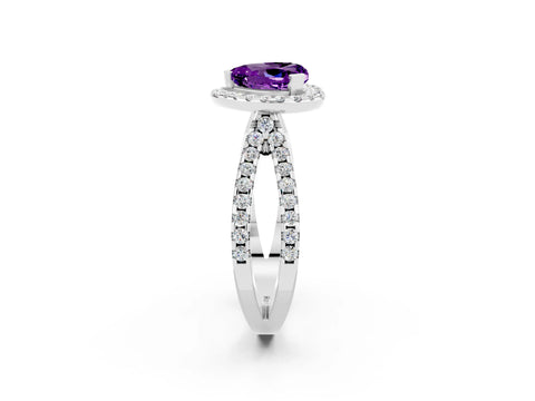 White gold Heart Cut Amethyst Halo Ring with Split Shank Pavé Band and Prong Setting_2