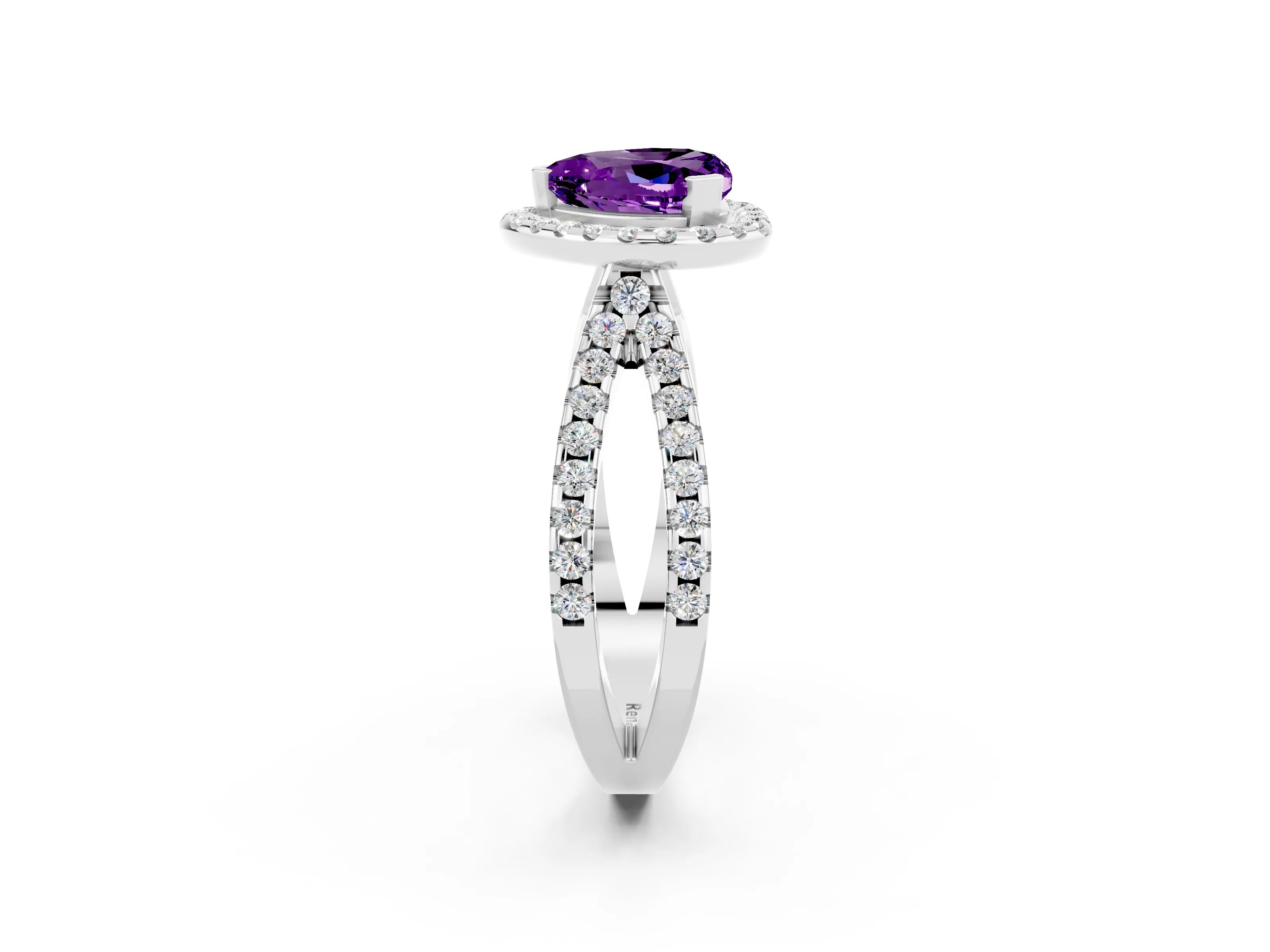 White gold Heart Cut Amethyst Halo Ring with Split Shank Pavé Band and Prong Setting_2