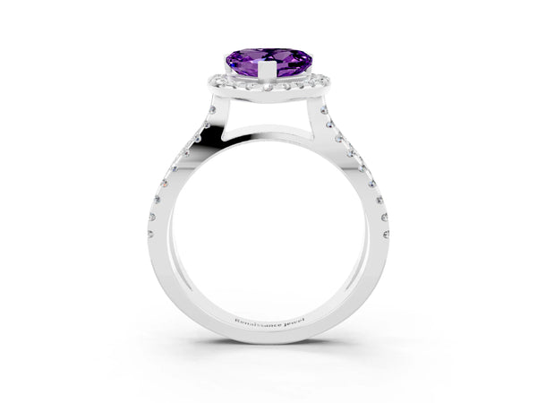 Platinum Heart Cut Amethyst Halo Ring with Split Shank Pavé Band and Prong Setting