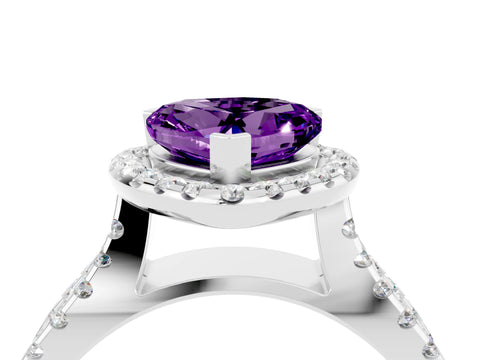 White gold Heart Cut Amethyst Halo Ring with Split Shank Pavé Band and Prong Setting_4