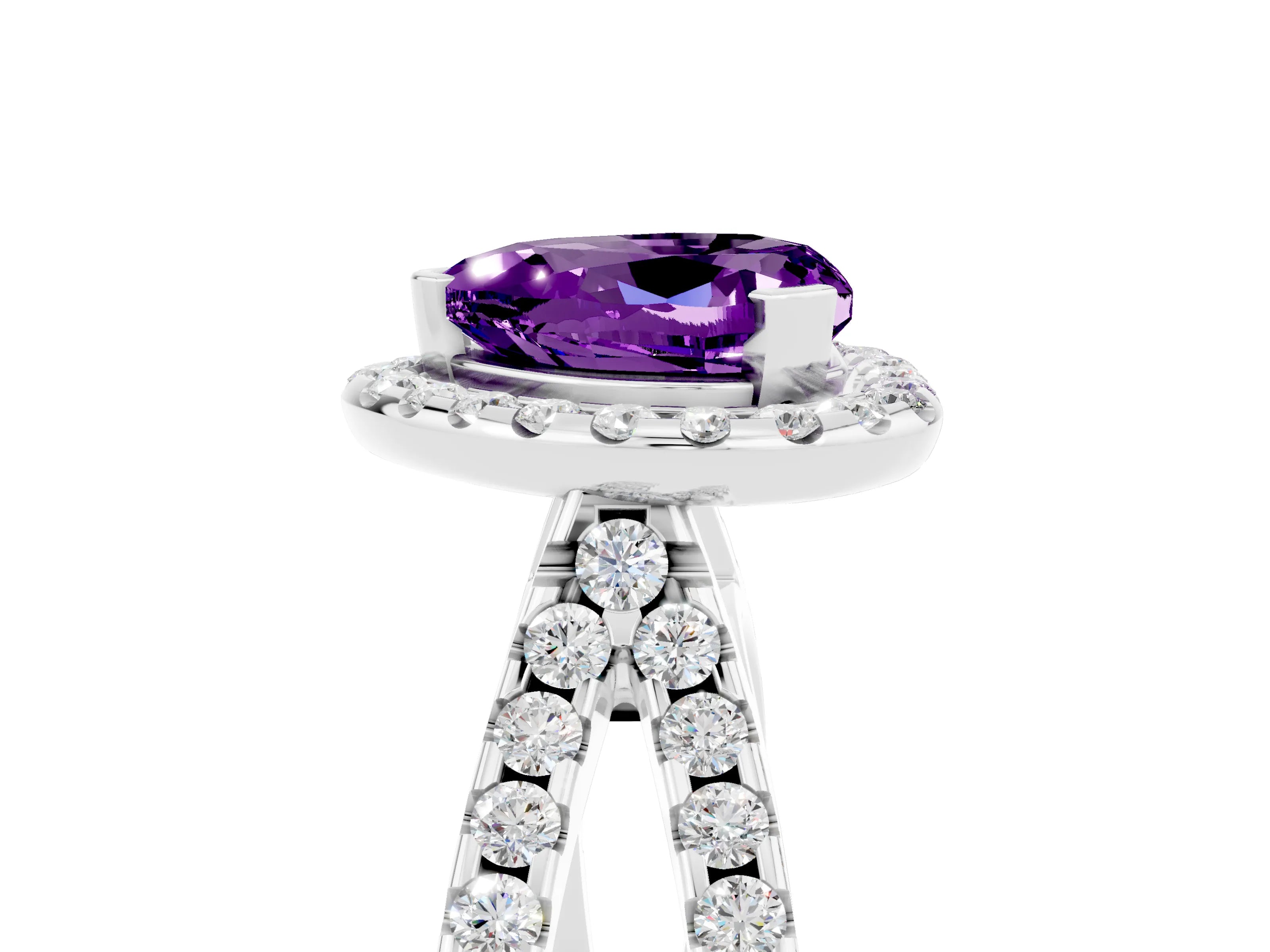 White gold Heart Cut Amethyst Halo Ring with Split Shank Pavé Band and Prong Setting_5
