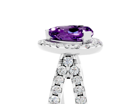 White gold Heart Cut Amethyst Halo Ring with Split Shank Pavé Band and Prong Setting_5