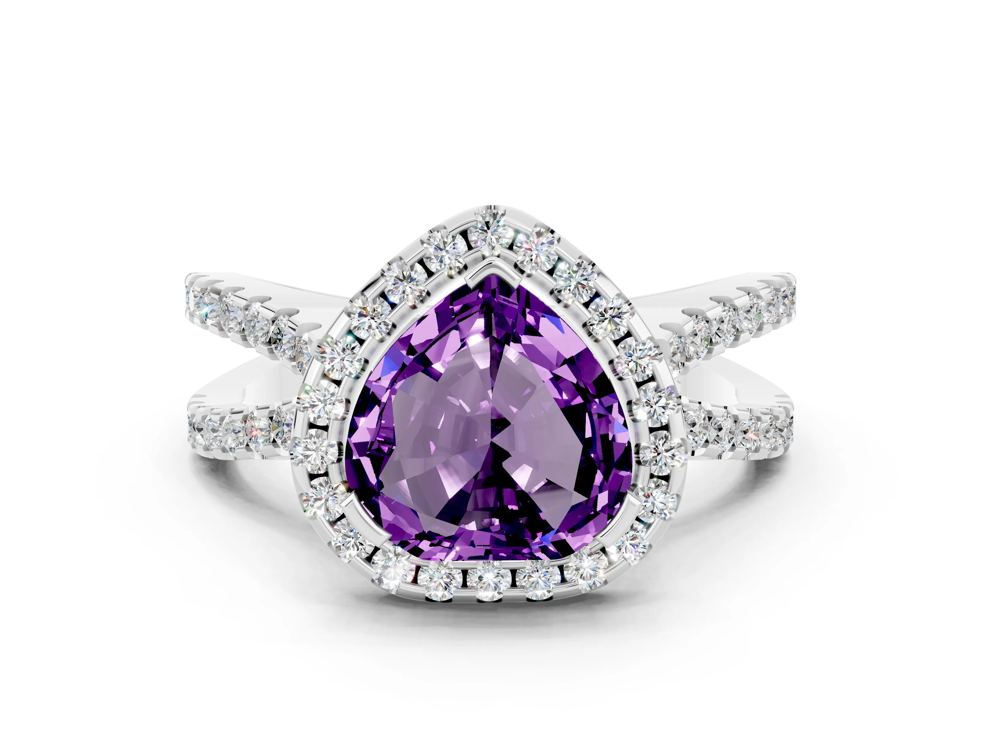 White gold Heart Cut Amethyst Halo Ring with Split Shank Pavé Band and Prong Setting