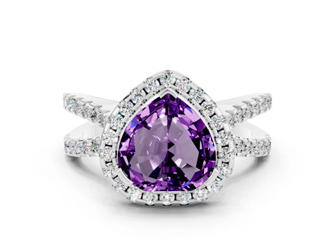 White gold Heart Cut Amethyst Halo Ring with Split Shank Pavé Band and Prong Setting
