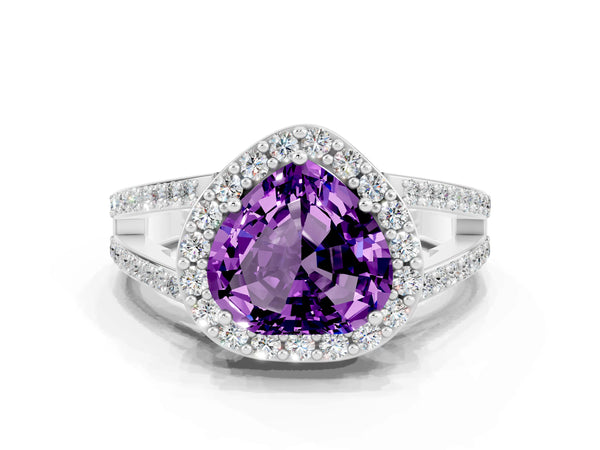 Platinum Heart Cut Amethyst Halo Ring with Split Shank U-Prong Band and Four-Prong Setting