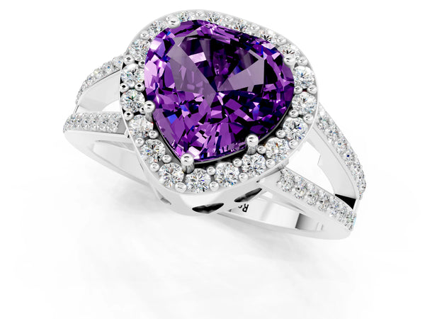 Silver Heart Cut Amethyst Halo Ring with Split Shank U-Prong Band and Four-Prong Setting