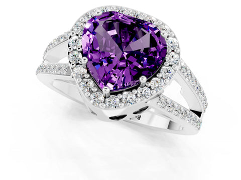 White gold Heart Cut Amethyst Halo Ring with Split Shank U-Prong Band and Four-Prong Setting_1