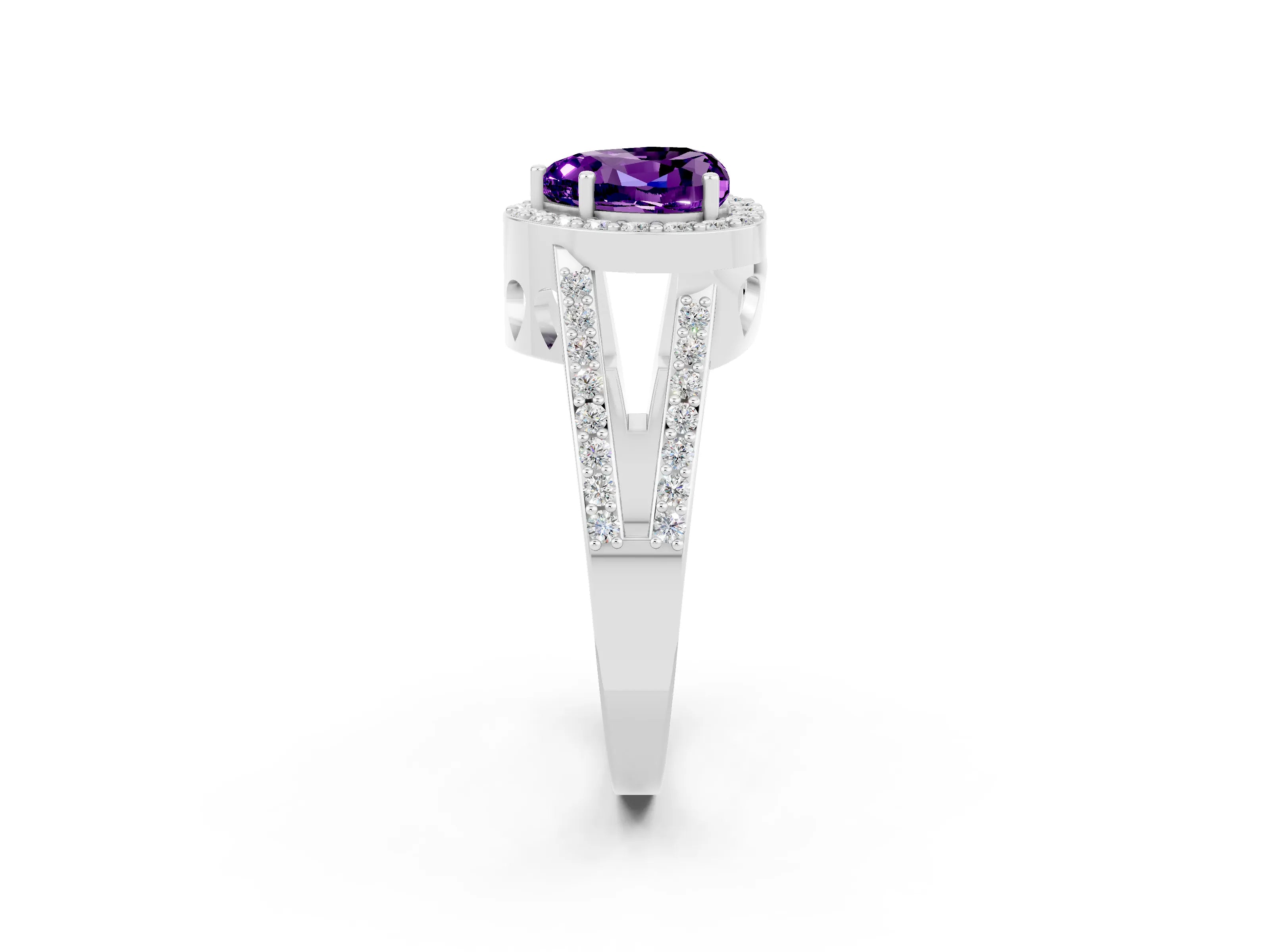 White gold Heart Cut Amethyst Halo Ring with Split Shank U-Prong Band and Four-Prong Setting_2