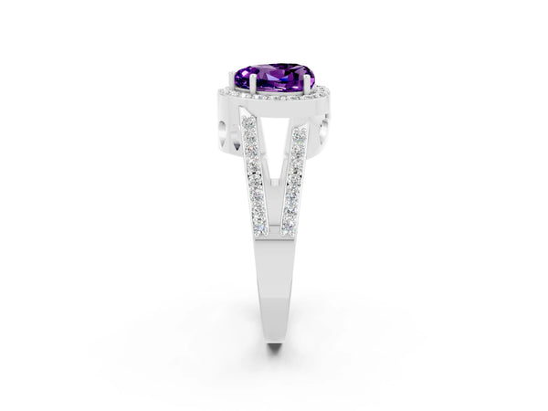 Silver Heart Cut Amethyst Halo Ring with Split Shank U-Prong Band and Four-Prong Setting
