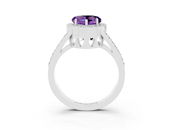 Platinum Heart Cut Amethyst Halo Ring with Split Shank U-Prong Band and Four-Prong Setting