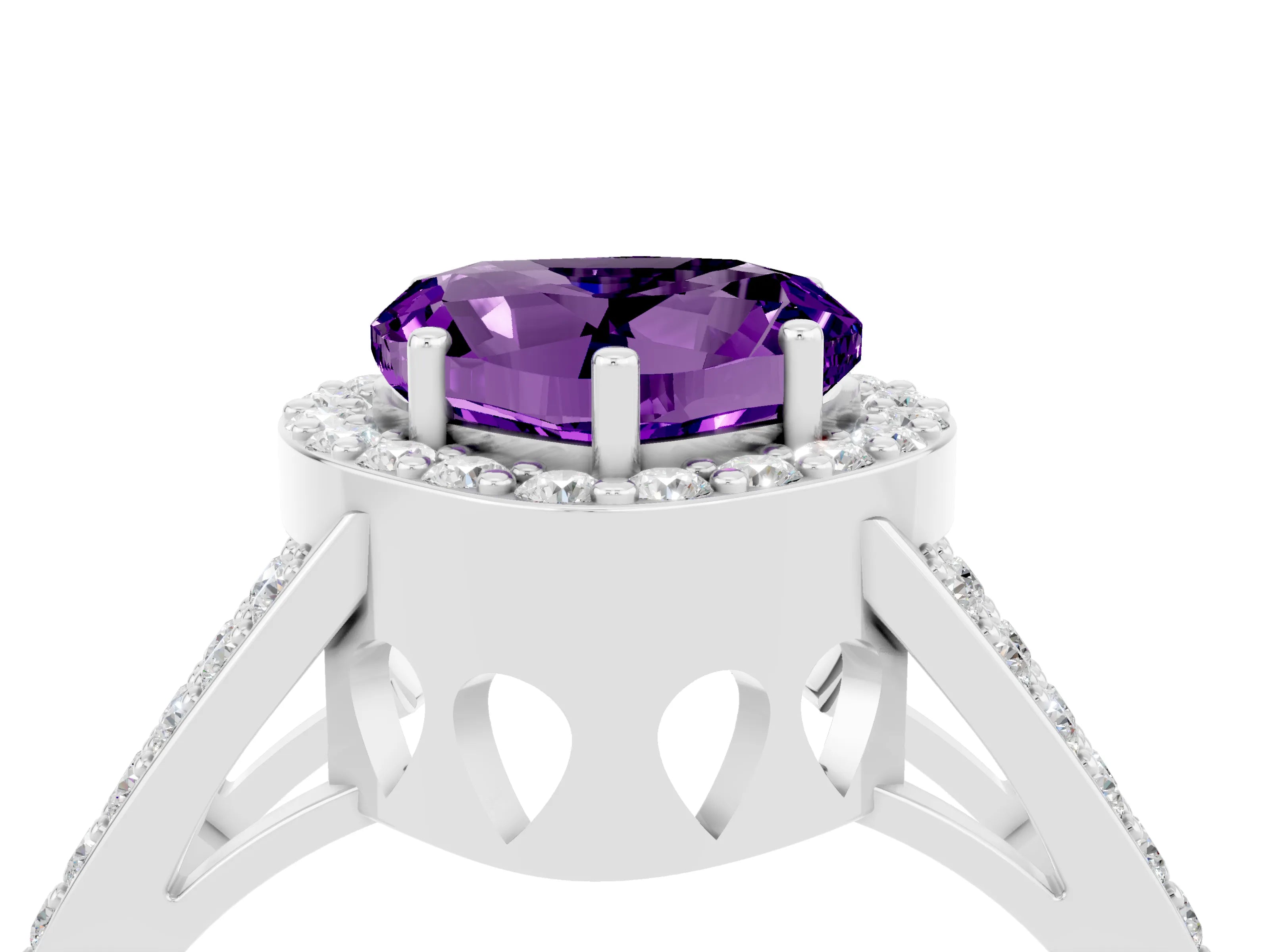 White gold Heart Cut Amethyst Halo Ring with Split Shank U-Prong Band and Four-Prong Setting_4