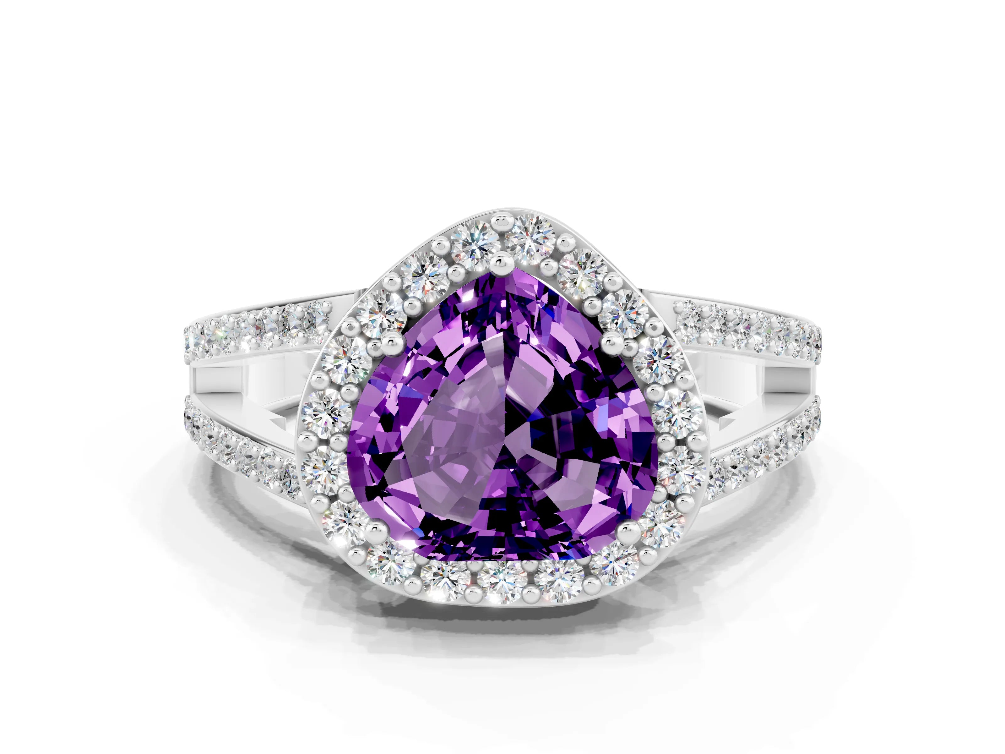 White gold Heart Cut Amethyst Halo Ring with Split Shank U-Prong Band and Four-Prong Setting