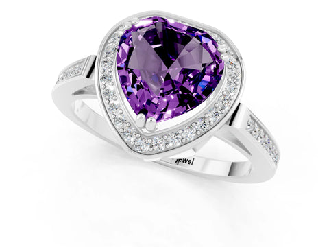 White gold Heart Cut Amethyst Halo Ring with Split Shank and Four-Prong Setting_11