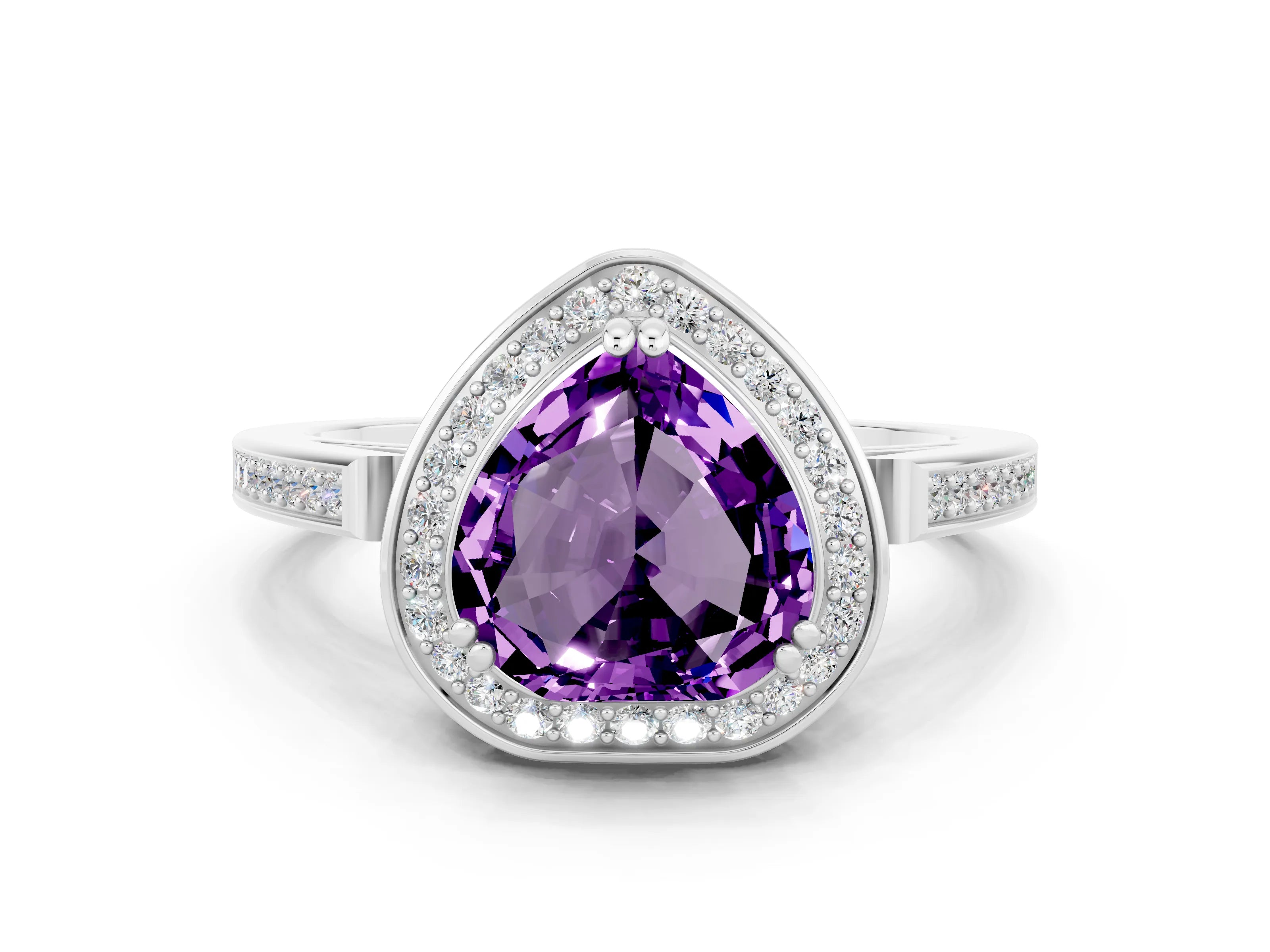 White gold Heart Cut Amethyst Halo Ring with Split Shank and Four-Prong Setting_12