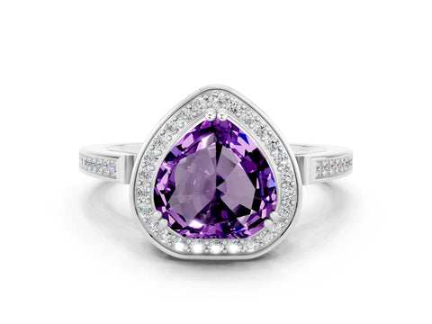 White gold Heart Cut Amethyst Halo Ring with Split Shank and Four-Prong Setting_12