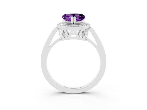 White gold Heart Cut Amethyst Halo Ring with Split Shank and Four-Prong Setting_13