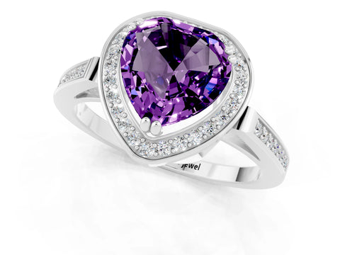 White gold Heart Cut Amethyst Halo Ring with Split Shank and Four-Prong Setting_25